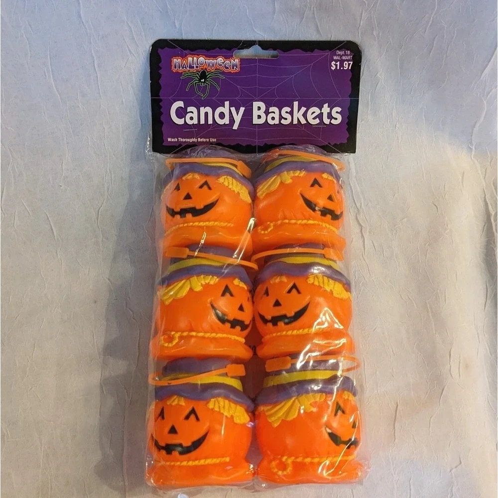 Blow Mold Halloween Pumpkin Mini Buckets Baskets Candy Scarecrow Decor Vtg NOS